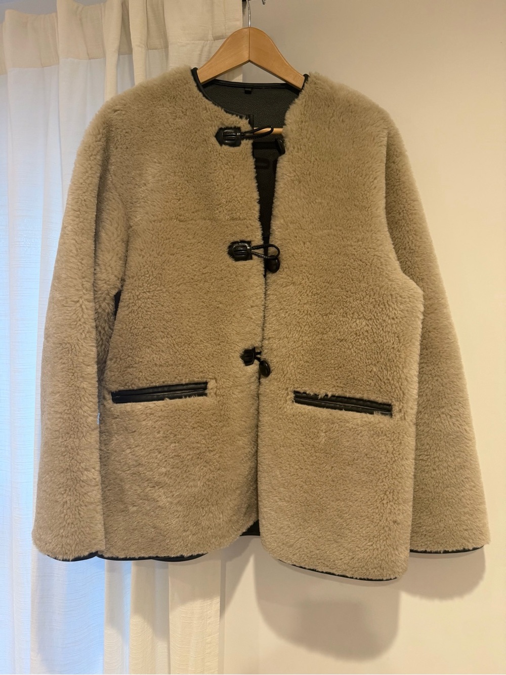 Mango Beige Faux Shearling Teddy Jacket with Toggle Closures